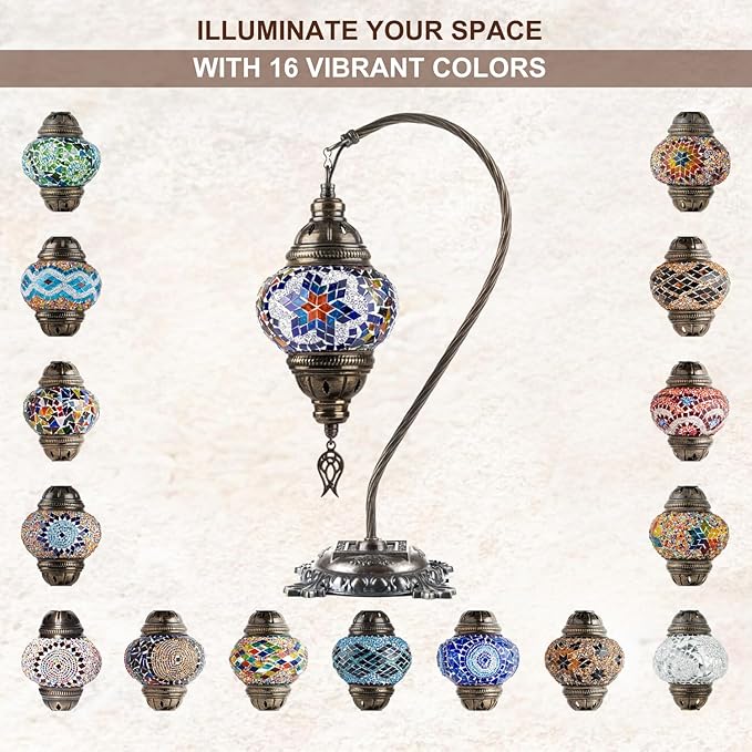 Kafthan Turkish Moroccan Mosaic Lamp – Handmade Glass Swan Neck Bedside Lamp with Antique Brass Base, Ideal Decor for Bedroom, Office, Living Room – Bulb Included (Red & Navy Center Star)