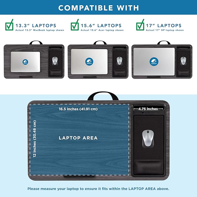 LAPGEAR Extra Large Adjustable Lap Desk with Gel Wrist Rest, Mouse Pad, Phone Holder, Device Ledge, and Booster Cushion - Gray Woodgrain - Fits up to 17.3 Inch Laptops - Style No. 88105