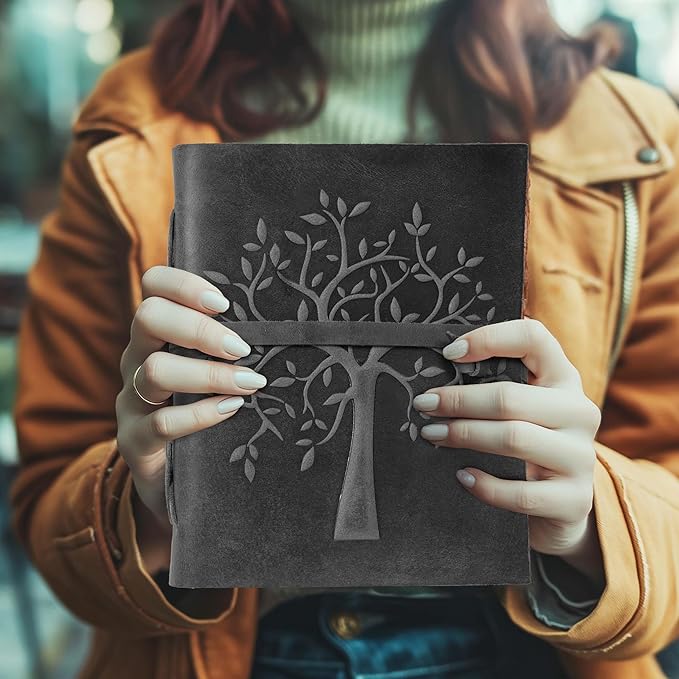 LEATHER VILLAGE Tree of Life Journal - 8"X6" (A5) inches - Black - 200 Antique Deckle Edge Handmade Paper – Book of Shadows - Vintage Leather Bound Journal for Women & Men
