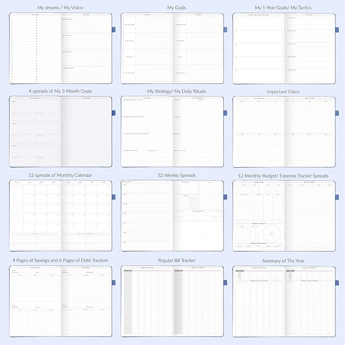 GoGirl Planner PRO - Undated Horizontal Layout Weekly Planner and Organizer + Budgeting and Expense Tracking Pages, Goals Journal & Agenda, 7" x 10" Hardcover, Lasts 1 Year - Blue