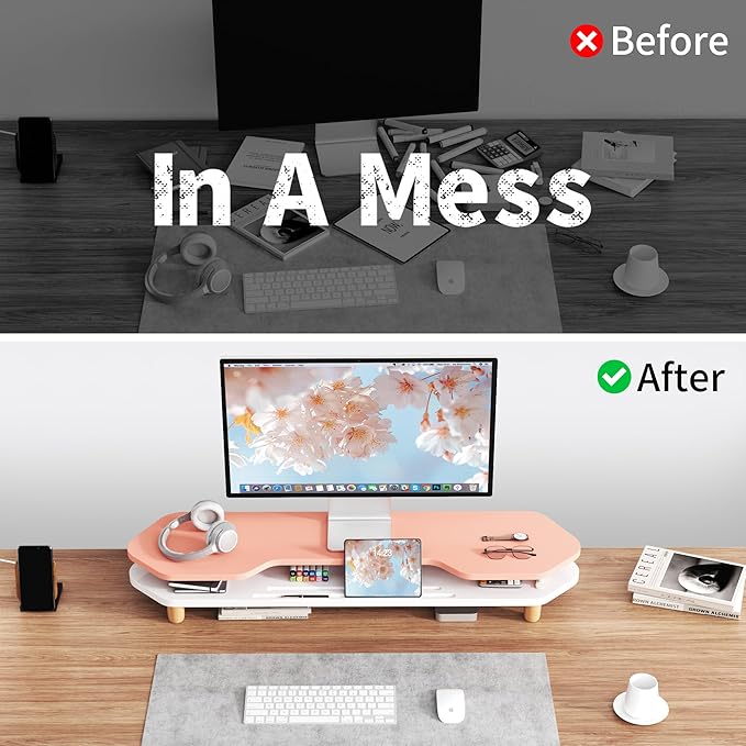 2 Tier Dual Monitor Stand Riser,Wider Board Computer Monitor Stand for 2 Monitors,Slot For Phone/Tablet Office Desktop Organizer for Laptop,PC,Computer,Printer,Pink