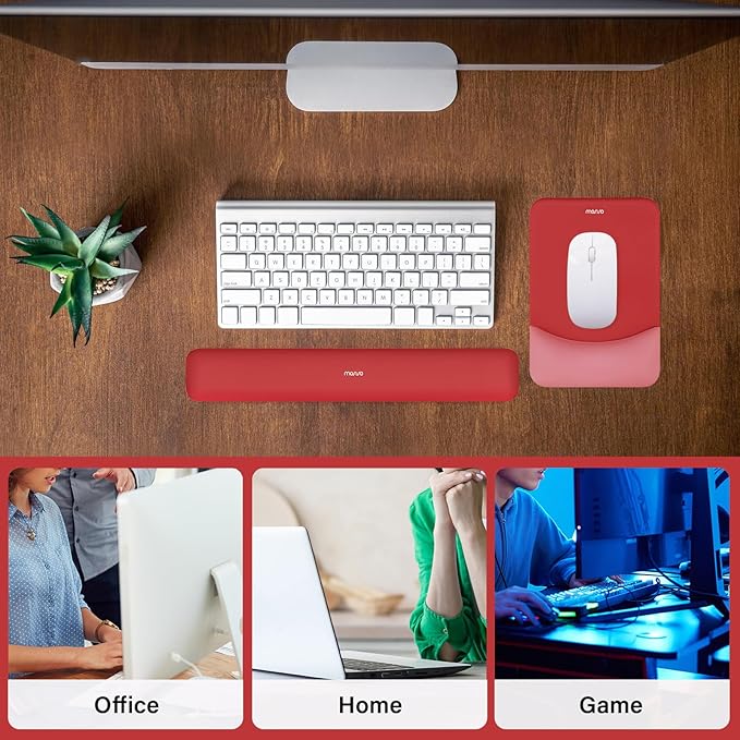 MOSISO Wrist Rest Support for Mouse Pad&Keyboard Set, Rectangular Ergonomic Mousepad Non-Slip Base Home/Office Pain Relief&Easy Typing Pad with Neoprene Cloth&Raised Curved Memory Foam, Red