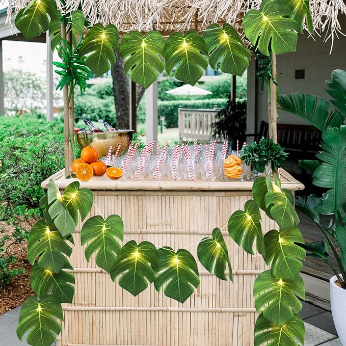 RECUTMS 2 Pack Artificial Tropical Palm Leaves String Lights, Large Size 20 LED Monstera Green Leaf Hanging Vine Greenery,Indoor Hawaiian Luau Jungle Beach Safari Baby Shower Party Spring Summer Decor
