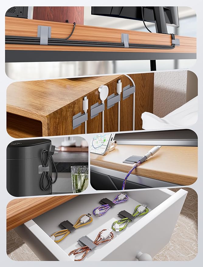 100pcs Hook and Loop Cable Ties, gliship Adhesive Wire Management, Adjustable Cable Straps Cord Wrappers Keeper Cord Holder, Sticky-Back Cord Organizer for Kitchen Appliances at Office, Home - Grey