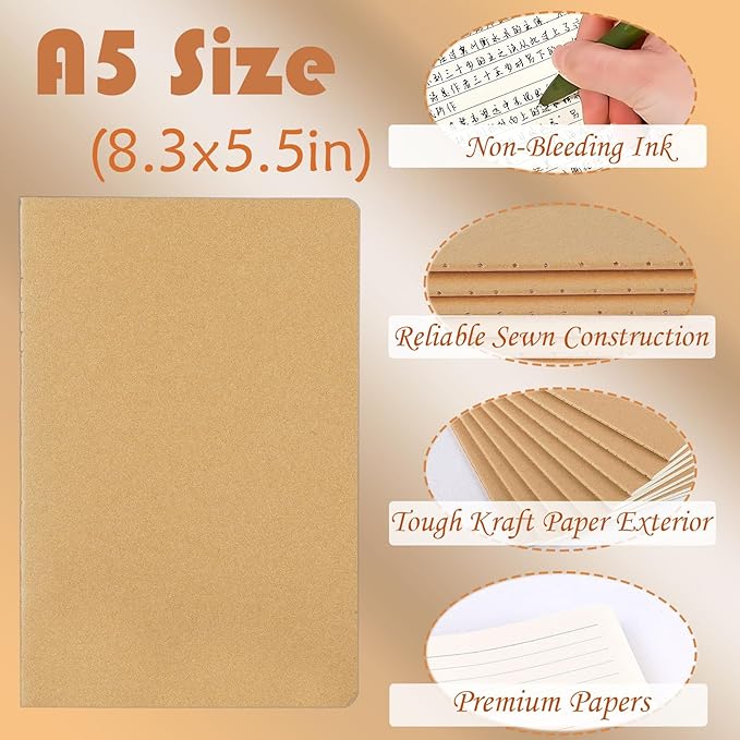 Jeffbaubl 12 Pack A5 Kraft Notebooks Bulk, Journal Notebook, Soft Kraft Cover Composition Notebooks, Lined Notebook for Travelers Work Office Supplies(8.3 X 5.5in, 30 Sheets/60 lined Pages)