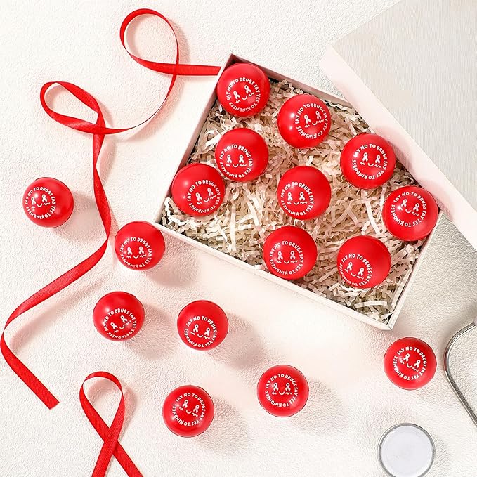Poen 60 Pcs Red Ribbon Week Supplies Bulk Say No to Drugs Red Awareness Squeeze Balls Drug Free Awareness Anti Drug Events Gifts Motivational Relief Stress Balls for Charity Activity (Cute Style)