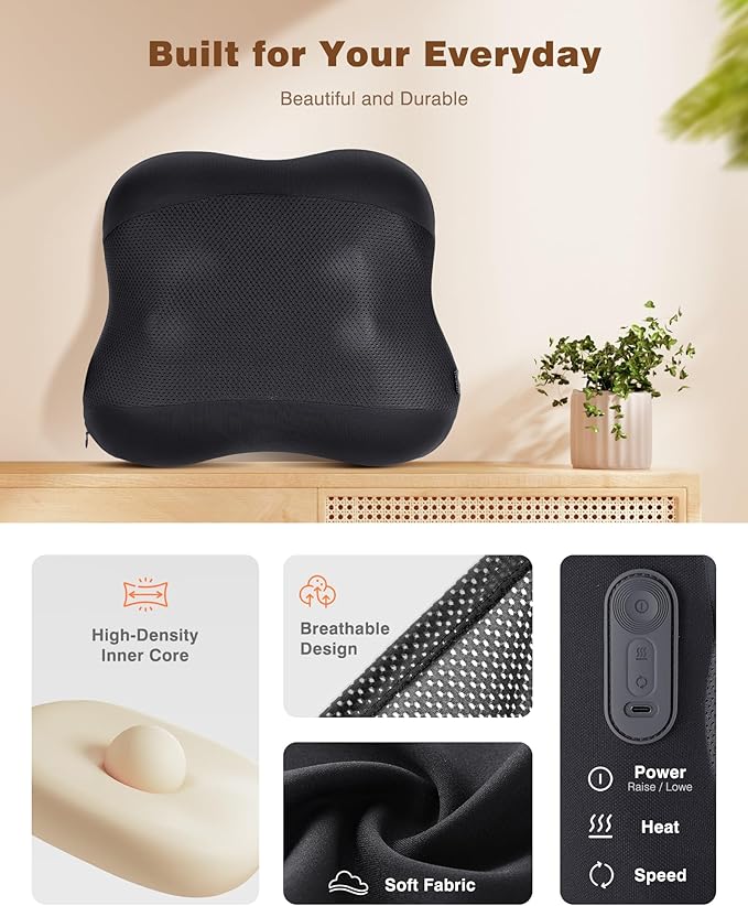 KINGJOY 2-in-1 Cordless Shiatsu Back Massager with Heat, Upgraded 4D Liftable Massage Nodes & Dual-Side Heating, Deep Tissue Kneading for Back Pain Relief, Gift for Women Men, Home Office Use