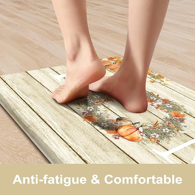 KIMODE Fall Kitchen Mat for Floor Anti Fatigue, Pumpkin Orange Kitchen Mats 2 PCS, Autumn Farmhouse Kitchen Rugs Non Slip, Cushioned Kitchen Floor Mats for Sink, Laundry, Desk 17"x47"+17"x29"