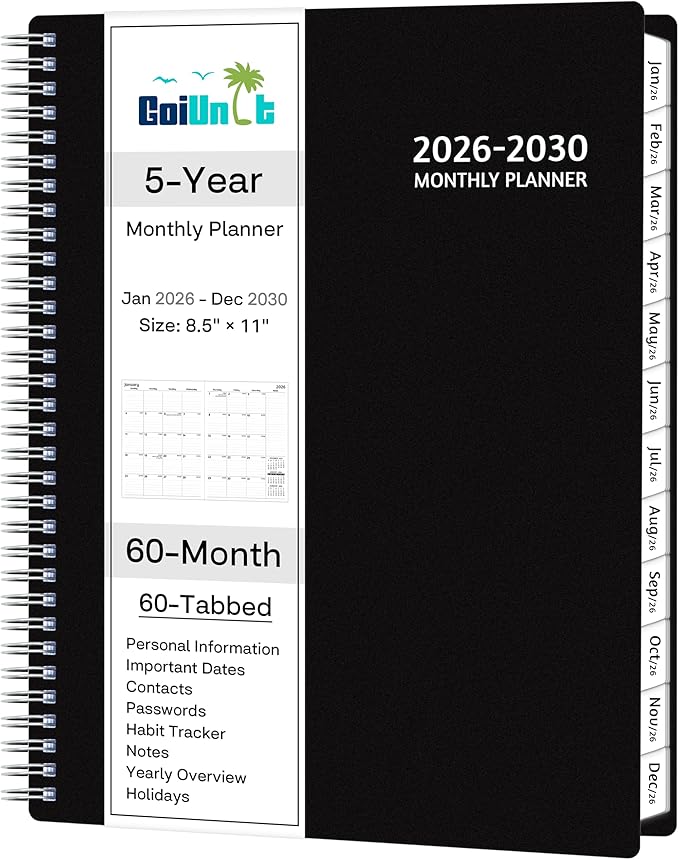 Monthly Planner 2026-2030, 5-Year Calendar Planner 2026-2030, Jan 2026 – Dec 2030, 8.5 x 11 In, Ruled Spread, Flexible Cover, Spiral Wirebound, Pocket, 60 Coated Monthly Tabs, Notes ＆ Habit Tracker, A4 Planner, Black
