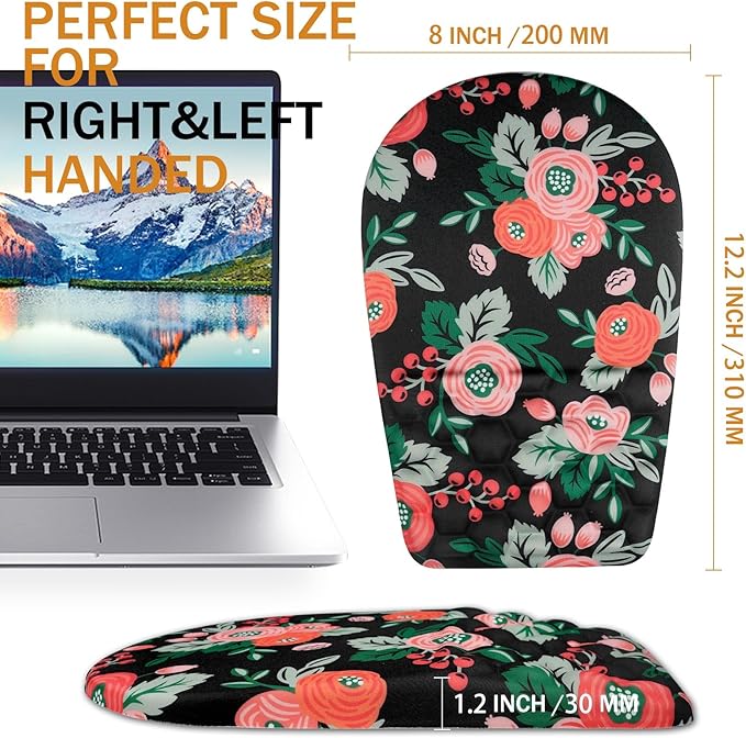 Ergonomic Mouse Pad Wrist Support,Upgrade Mousepad with Massage Design,Non-Slip PU Base Desktop Mouse Pads for Pain Relief, Computer, Office & Home,12 x 8 in（F-Flower Black）