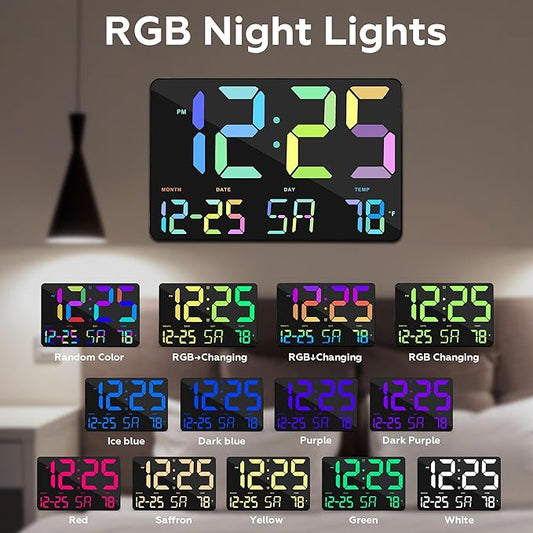 Amgico RGB Digital Alarm Clock with Snooze,Temperature,Auto Dimming,11.5" Large Display Calendar,Desk/Wall Clock for Bedroom,Living Room,Office,Home,Classroom,Kids,Elderly-Black