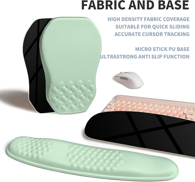 2-in-1 Ergonomic Set, Wave Keyboard Wrist Rest and Massage Slope Mouse Pad Wrist Support, Rebound Memory Foam for Relieve Carpal Tunnel Syndrome and Wrist Pain (Light Green)