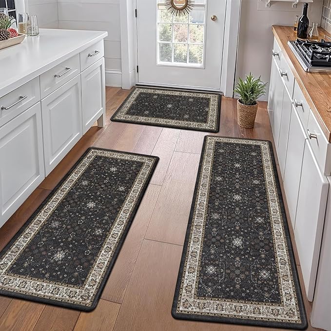 Pauwer Anti Fatigue Kitchen Mat Set of 3 Non Slip Kitchen Mats for Floor Cushioned Kitchen Rugs Comfort Standing Mat Farmhouse Waterproof PVC Foam Kitchen Floor Mat Runner, Black
