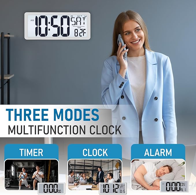 TXL Atomic Clock with Backlight, 14.2" Digital Wall Clock, Battery Operated, Large Display with Day, Date & Temperature, Bedroom, Living Room, Office