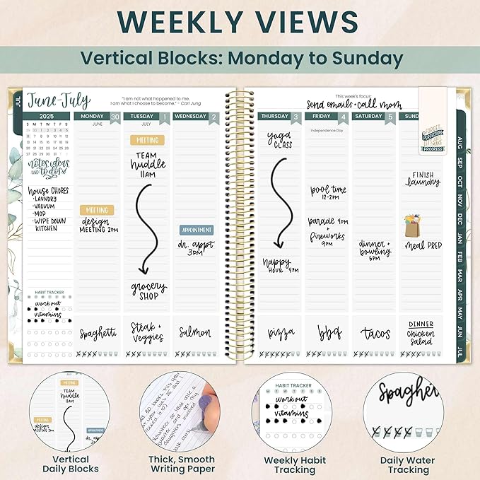 bloom daily planners 2025-2026 Hardcover Academic Year Goal & Vision Planner (July 2025 - July 2026) - Monthly & Weekly Calendar Agenda Organizer - 7.5" x 9" - Eucalyptus, White