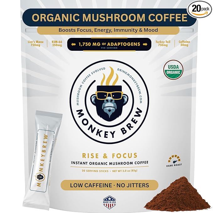 Monkey Brew Rise & Focus USDA Organic Mushroom Coffee | Boosts Focus, Energy, Immunity & Mood | 1,750mg Adaptogens: Lion’s Mane, Turkey Tail, KSM-66 Ashwagandha | Low Caffeine, Fruiting Body