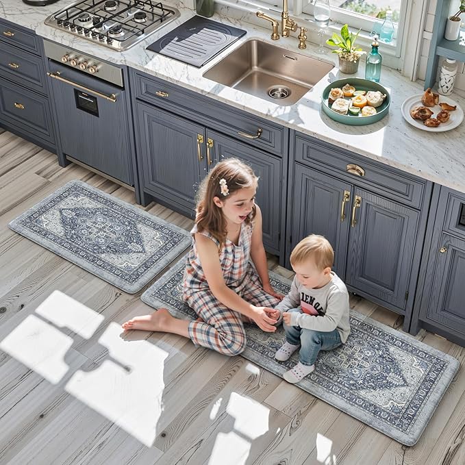 KIMODE Anti Fatigue Kitchen Mat, Cushioned Kitchen Mats for Floor 2 Piece, Boho Vintage Kitchen Rugs, Comfort Foam Standing Desk Mat for Laundry, Office, Sink Navy Blue 17"x47"+17"x29"