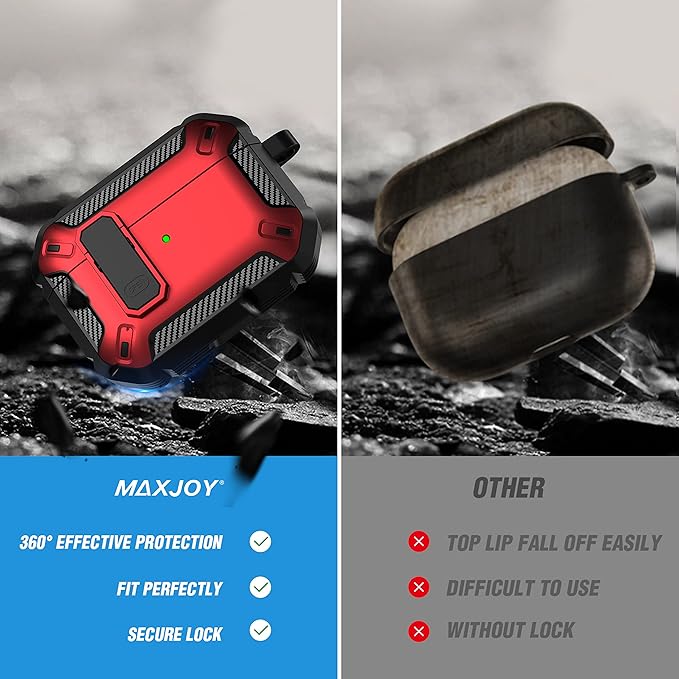 Maxjoy for AirPods Pro Case Cover with Lock, AirPods Pro 1st Generation Case for Men Military Rugged Protective Cover with Keychain Compatible with Apple AirPod Pros 2019 Front LED Visible, Red