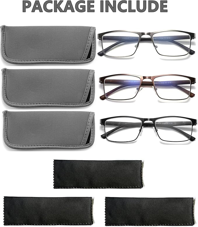 CRGATV 3-Pack Reading Glasses for Men Blue Light Filtering Full Frame Metal Readers Anti Uv/Eye Strain/Glare