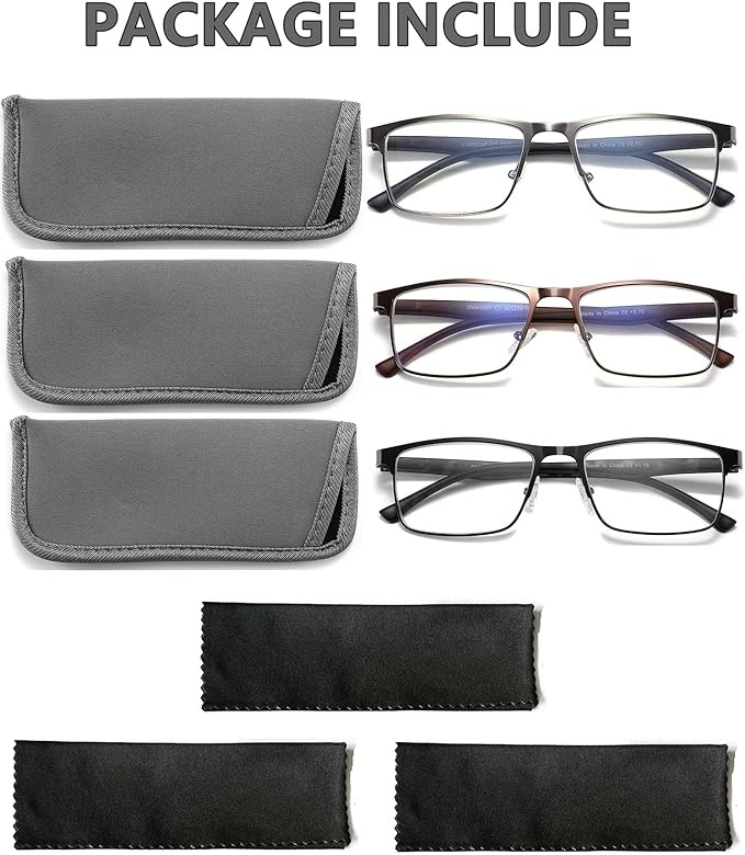 CRGATV 3-Pack Reading Glasses for Men Blue Light Filtering Full Frame Metal Readers Anti Uv/Eye Strain/Glare