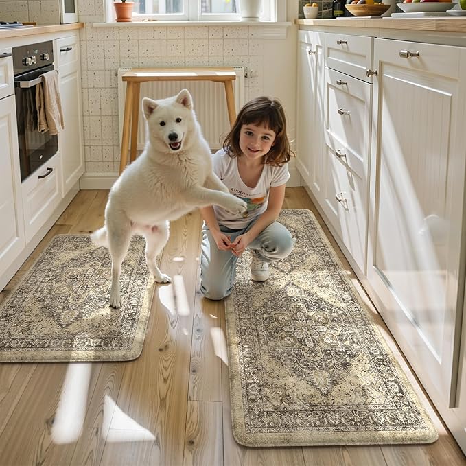 KIMODE Anti Fatigue Kitchen Mat, Boho Distressed Kitchen Rugs Sets of 2, Kitchen Floor Mats Non Slip Cushioned, Waterproof Standing Mat for Laundry, Office, Sink, Desk, Brown 17"x47"+17"x29"
