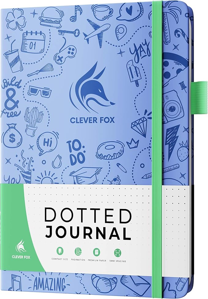 Clever Fox Dotted Journal 2.0 – Compact Planning and Sketching Dot Grid Notebook 120 GSM Thick, No-Bleed Paper – Planner with Pen Loop, Pocket, Ribbons, Stickers A5 - Light Blue