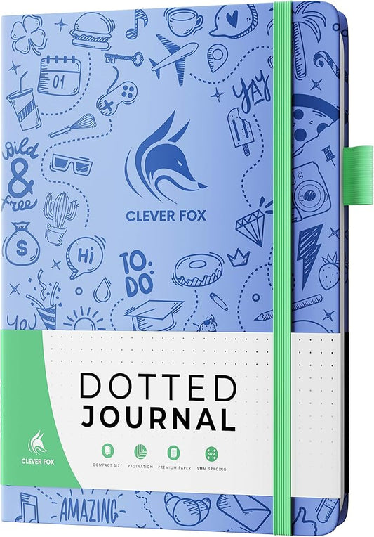 Clever Fox Dotted Journal 2.0 – Compact Planning and Sketching Dot Grid Notebook 120 GSM Thick, No-Bleed Paper – Planner with Pen Loop, Pocket, Ribbons, Stickers A5 - Light Blue