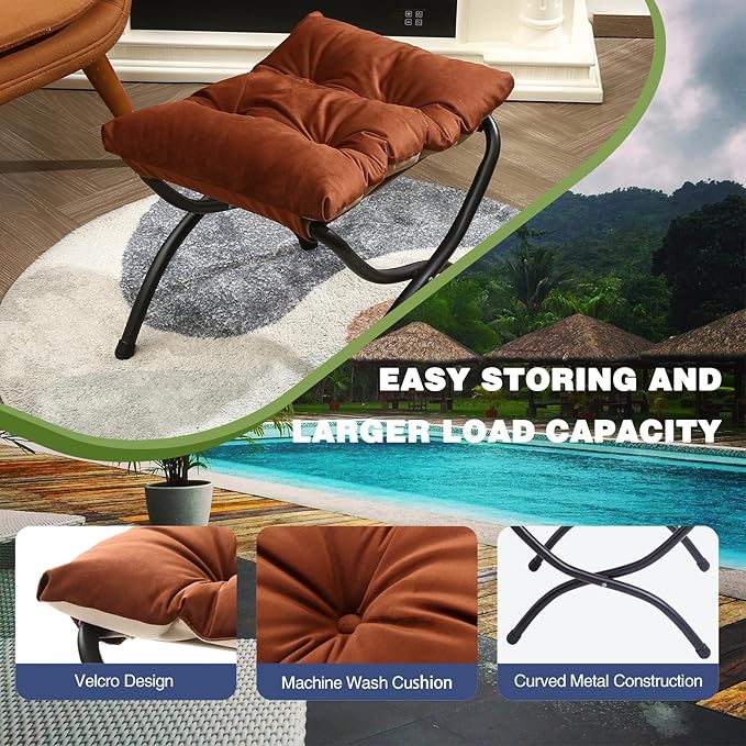 15" Foldable Foot Stool Ottoman with Metal Frame - Washable Brown Upholstered Indoor/Outdoor Footrest for Living Room, Bedroom, Patio - Space-Saving Compact Design