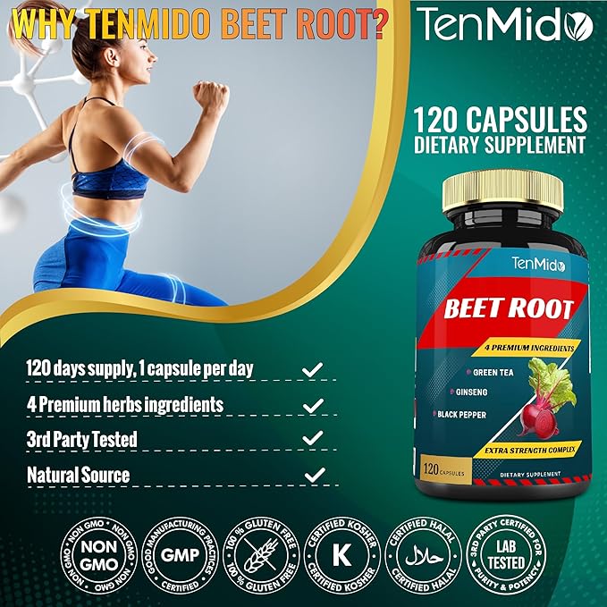 Beet Root Extract Capsules, 4 Months Supply & Green Tea, Ginseng, Black Pepper | Increased Energy, Athletic Performance Supports, Boosts Stamina | Nutritional Workout Supplements