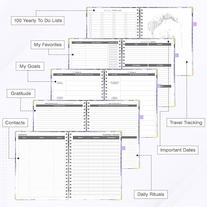 Ospelelf Academic Planner Undated Daily Spiral Binding Weekly Monthly Hardcover Planners with Stickers 12 Months Productivity Aesthetic Journey Letter Size Purple Marble
