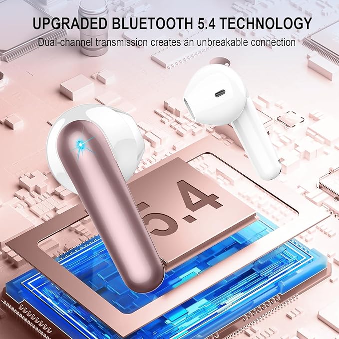 Wireless Earbuds, Bluetooth 5.4 Headphones, 48H, Stereo Ear Buds, LED Display Earphones with Mic, IP7 Waterproof In EarBud, Comfort Fit, Bluetooth Earbuds for Phone Android iOS, Sport, Walk, Rose Gold
