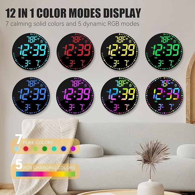 Kasbin 12” Digital Wall Clock with App Control, Large LED, WiFi Sync, Date Temperature, Auto Brightness, Seconds Display, Dual Alarm, 12 RGB Colors for Living Room, Office, Bedroom, Gift for Elderly