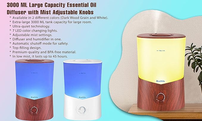 BlueHills Premium 3000 ML XL Essential Oil Diffuser Aroma Humidifier 3 Liter Big 3L Capacity Huge Size Plant Baby Living Room Home Decor Aromatherapy Diffuser for Large Room Dark Wood Grain 3L-K3