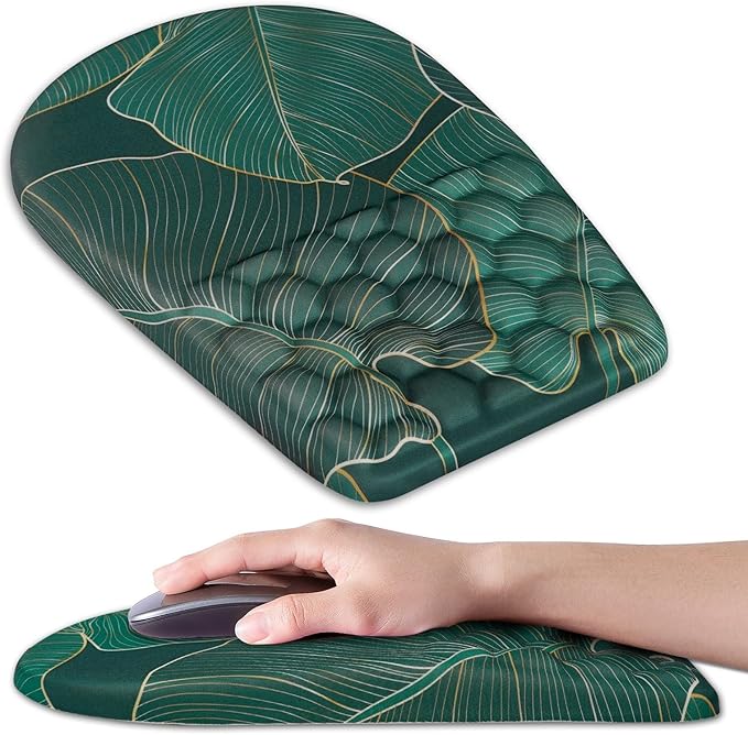 Ergonomic Mouse Pad Wrist Support,Upgrade Mousepad with Massage Design,Non-Slip PU Base Desktop Mouse Pads for Pain Relief, Computer, Office & Home,12 x 8 in（F-Leaf Green）