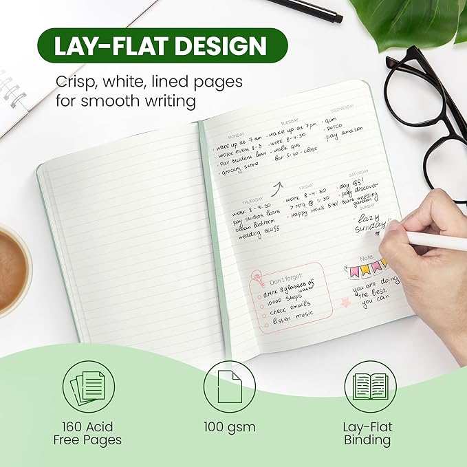 PAPERAGE Personalized Lined Journal Notebook for Writing - Customizable Text in Embossed Metallic Gold Foil, 160 Pages, 100 GSM Thick Paper, Leather Hardcover, 5.7 inches x 8 inches, Sage