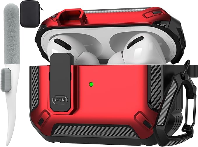 Maxjoy AirPods Pro 2nd/1st Generation Case Cover with Lock, AirPods Pro 2 Protective Case with Keychain Compatible with Apple AirPod Pro2 2023 USB C Cable 2022 Lightning Cable/ Pro1 2019, Red