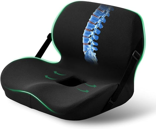 Memory Foam L-Shaped Seat Cushion with Lumbar Support & Adjustable Strap - Tailbone Pain Relief for Office Chair, Car, Home - Non-Slip Bottom, Breathable Mesh Cover (Black)