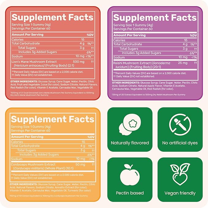 Fungies Mushroom Gummy 3-Pack Bundle, Lion's Mane, Cordyceps & Reishi Gummies for Adults - Mushroom Gummies Supports Brain Health, Gut Health, Energy & Daily Wellness - 180 Servings