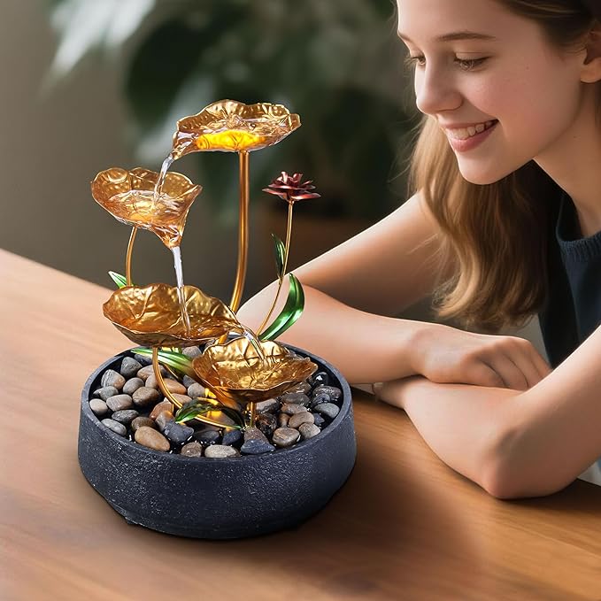 Tabletop Fountain Metal Lotus Circulating Fountain Water Feature for Zen Home Decor Warm Yellow Scene Light(23034)