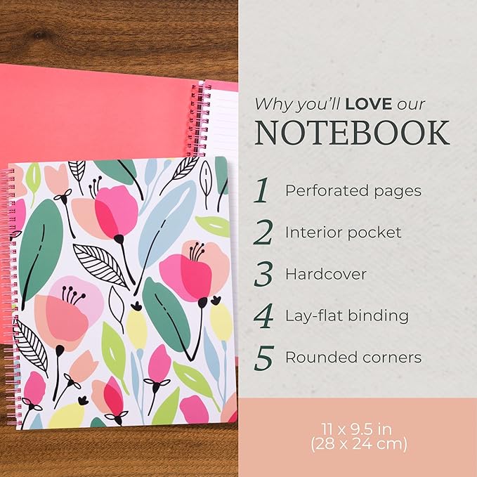 Steel Mill & Co Cute Large Spiral Notebook College Ruled, 11" x 9.5" with Durable Hardcover and 160 Lined Pages, Pink Poppy