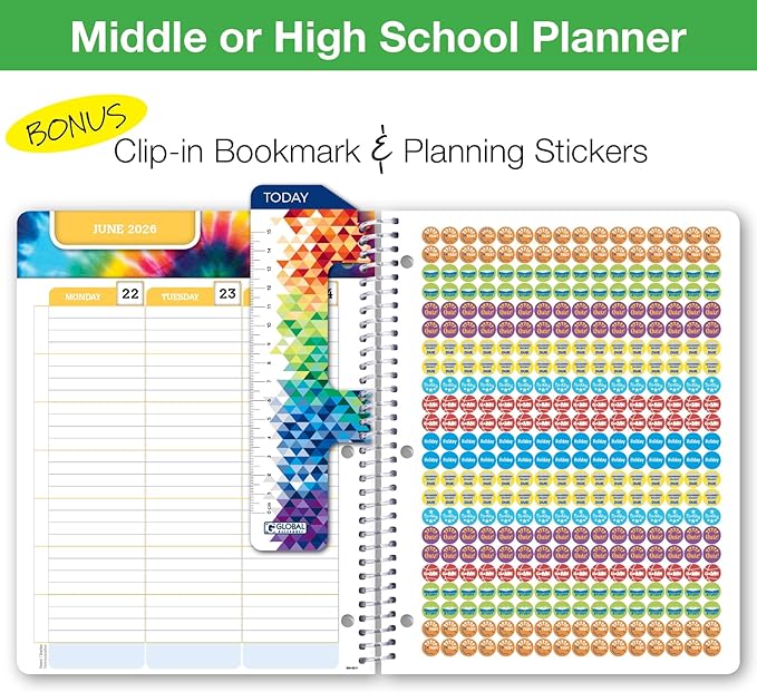 Global Datebooks Dated Middle School or High School Student Planner for Academic Year 2025-2026 Includes Ruler/Bookmark and Planning Stickers (Matrix Style - 8.5"x11" - Spectrum)
