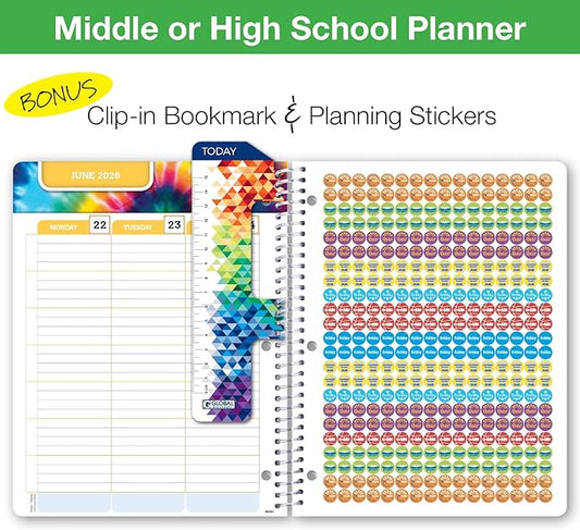 Global Datebooks Dated Middle School or High School Student Planner for Academic Year 2025-2026 Includes Ruler/Bookmark and Planning Stickers (Matrix Style - 8.5"x11" - Slant)