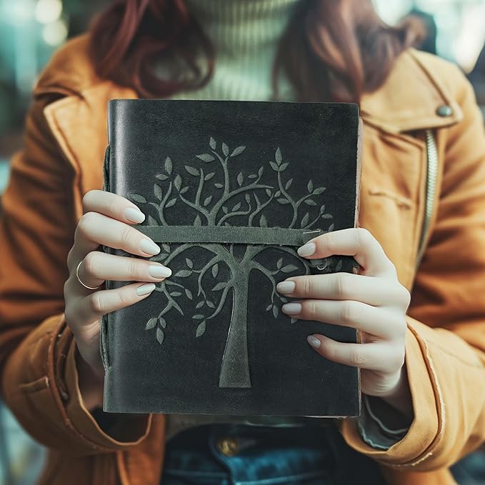 LEATHER VILLAGE Tree of Life Journal - 13 X 8 inches - Aqua - 200 Antique Deckle Edge Handmade Paper – Book of Shadows - Vintage Leather Bound Journal for Women & Men