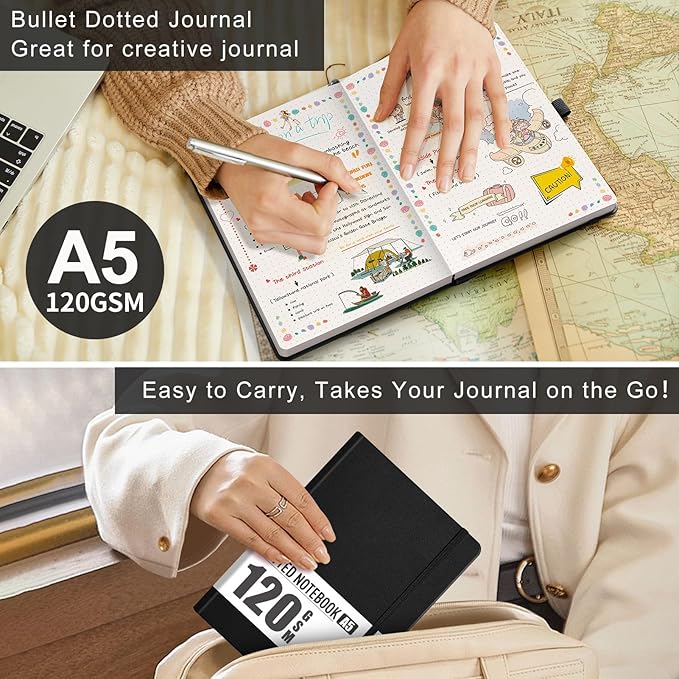 AHGXG Bullet Dotted Journal - Dot Grid Notebook Journal, 120 GSM Thick Acid-Free Paper, A5 Dotted Notebook 160 Pages, Leather Hardcover, Inner Pocket, Journal Stencil, 5.7'' × 8.3'' - Black