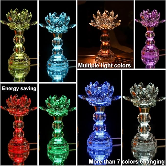LED Crystal Lotus Flower Lamp – USB Powered Buddha Light for Worship, Prayer and Display,Lotus Flower Light for Bedroom, Buddhist Supplies,Shrine,Meditation Room 8’’ (Blooming Lotus)