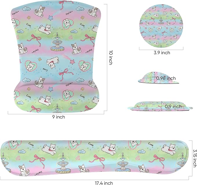 RICHEN Mouse Pad and Keyboard Wrist Rest, 3-in-1 Computer Mousepad and Coaster Set, Non-Slip Keyboard Wrist Rest and Mouse Pad Set Ergonomic Design (Dogs)