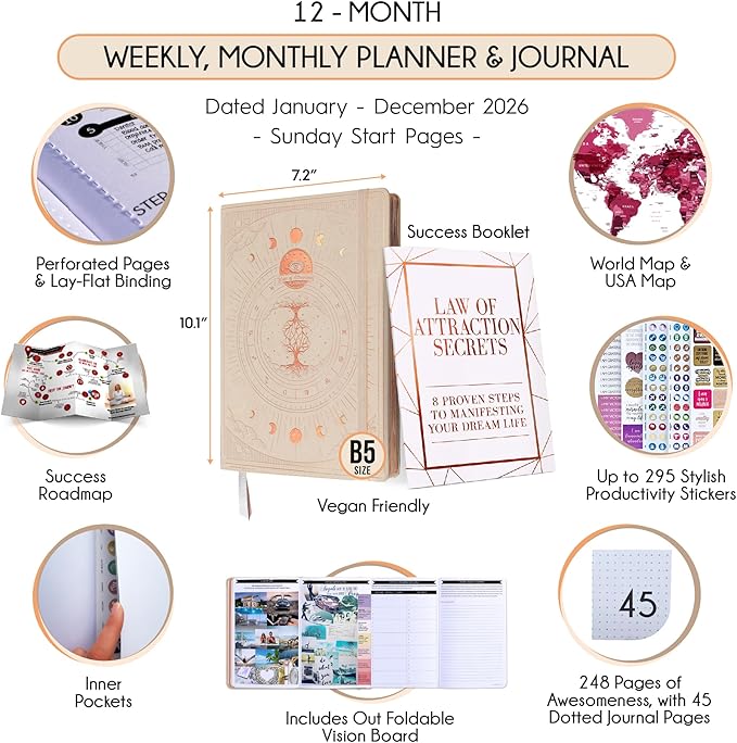 2026 Planner Weekly and Monthly | Law of Attraction Planner with Panduo App | A 12 Month Journey for Productivity, Gratitude & Goal Setting | Includes Foldable Vision Board, Gift Box & Stickers