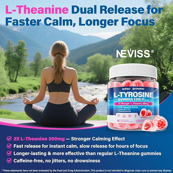 L Tyrosine Gummies Supplement 1200mg, GABA L-Theanine Supplement 200mg with Magnesium Glycinate Vitamin B6, D3 & C - Calm & Focus Gummies - Brain Supplements for Memory, Mood & Relax for Adults, Vegan