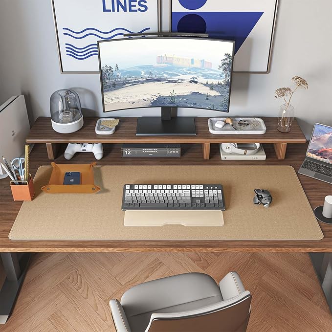 DAWNTREES Dual Sided Desk Mat,Leather Desk Pad,Brown 40"x16",Cork Desk Mat Protector,with PU Leather Valet Tray Organizer,Large Mouse Pad,Desk Writing Pad for Office and Home