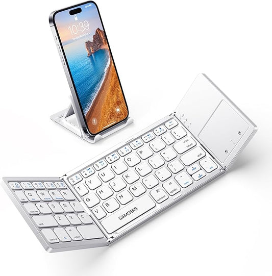 Samsers Foldable Bluetooth Keyboard with Touchpad - Portable Wireless Keyboard with Holder, Rechargeable Full Size Ultra Slim Pocket Folding Keyboards for Android Windows iOS Tablet & Laptop - Silver